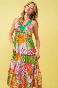 Thumbnail for Tropical Halter Strap Empire Tiered Midi Dress: MULTI GREEN