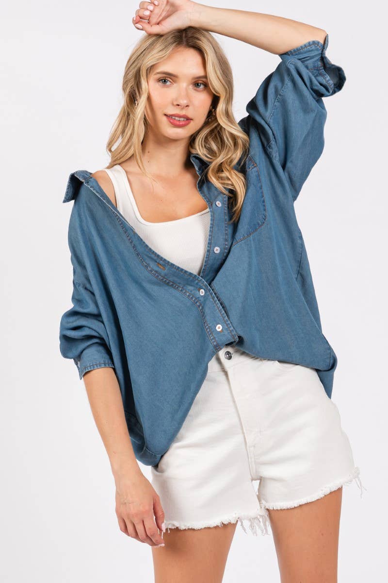 V-NECK LAPEL COLLAR SHIRT- Denim: DENIM
