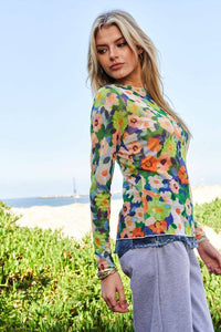 Thumbnail for PLUS FLOWER PRINT MESH ROUND NECK LONG SLEEVE TOP: Green Multi / 1XL