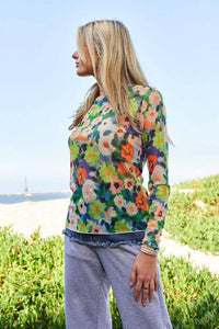 Thumbnail for PLUS FLOWER PRINT MESH ROUND NECK LONG SLEEVE TOP: Green Multi / 1XL