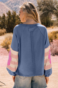 Thumbnail for Flower Patchwork Raglan Sleeve Exposed Seam Oversized Top