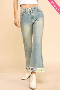 Thumbnail for PLUS CROCHET TRIM STRAIGHT LEG LIGHT DENIM JEANS
