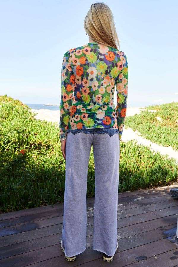 PLUS FLOWER PRINT MESH ROUND NECK LONG SLEEVE TOP: Green Multi / 1XL