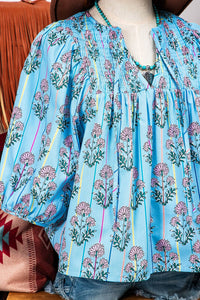 Thumbnail for Floral Stripe Print Shirred Yoke Split Neck Blouse