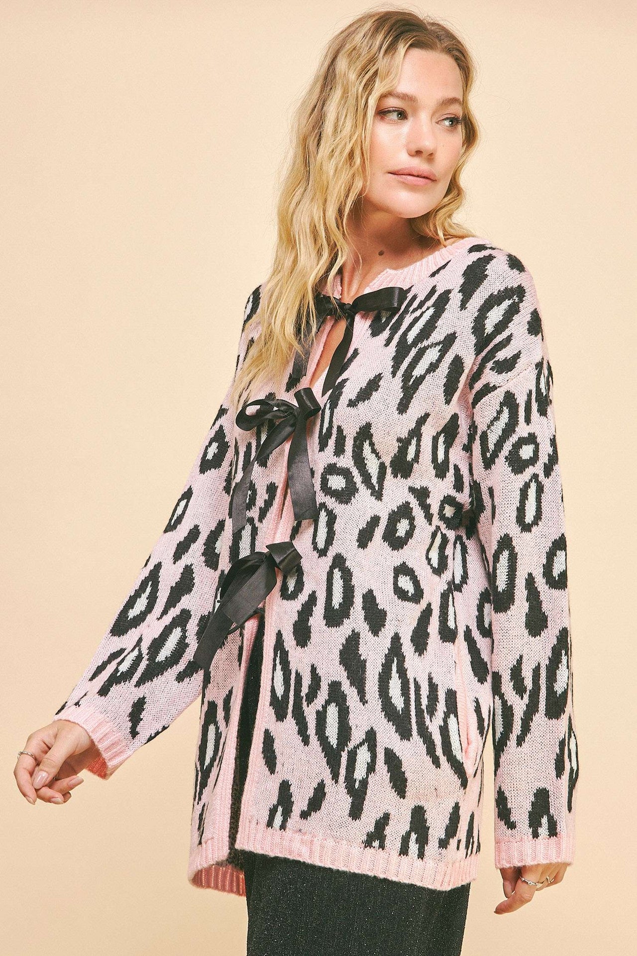 PLUS LEOPARD RIBBON TIE FRONT LOOSE FIT CARDIGAN