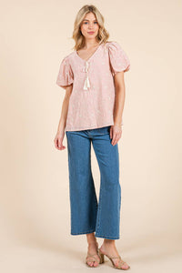 Thumbnail for Floral Embroidered V-Neck Blouse,