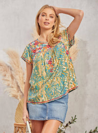 Thumbnail for Printed Blouse With Embroidered Neckline: TEAL
