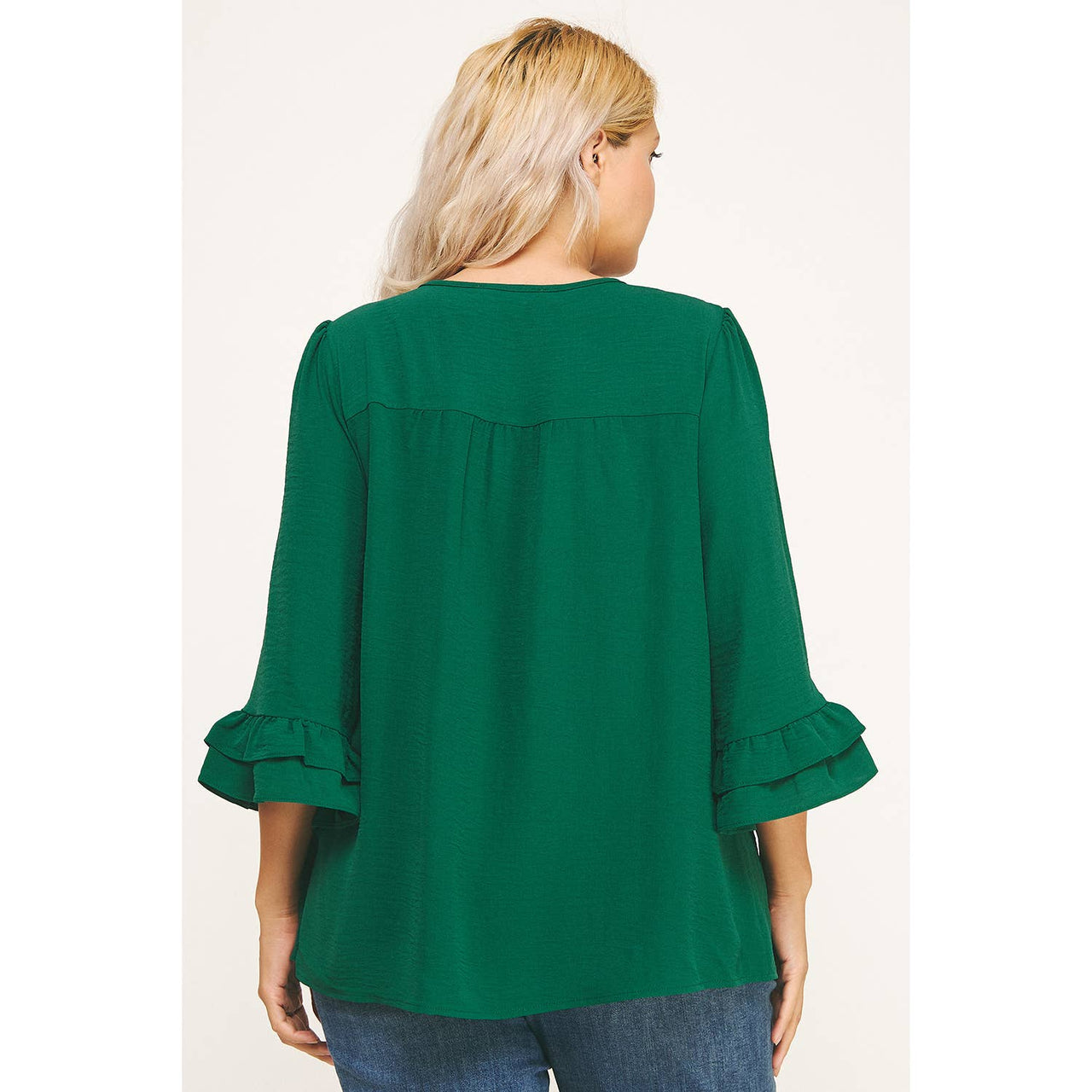 PLUS SIZE EMERALD RUFFLE BLOOM EMBROIDERED BLOUSE