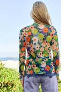 Thumbnail for PLUS FLOWER PRINT MESH ROUND NECK LONG SLEEVE TOP: Green Multi / 1XL