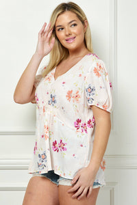 Thumbnail for PLUS SIZE FLORAL PRINT SMOCKED TOP
