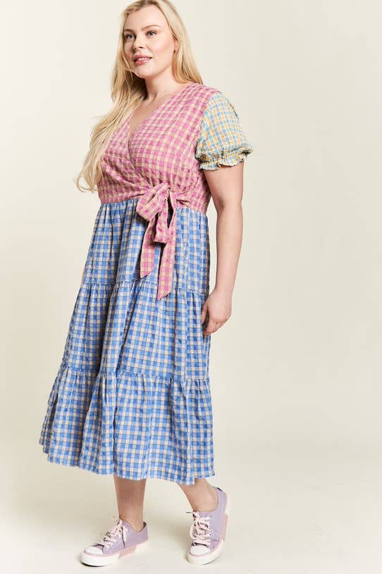 Colorblock Gingham Dress Plus