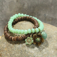 Thumbnail for Vintage Stone & Wood Czech Flower Drop Stretch Bracelet Set