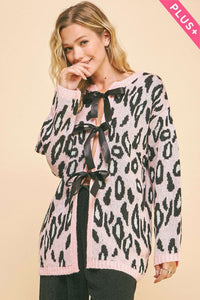 Thumbnail for PLUS LEOPARD RIBBON TIE FRONT LOOSE FIT CARDIGAN