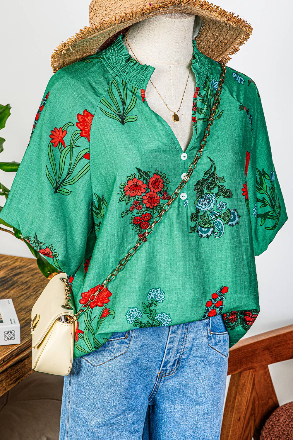 Green Floral Buttoned V Neck Short Sleeve Blouse