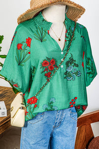 Thumbnail for Green Floral Buttoned V Neck Short Sleeve Blouse