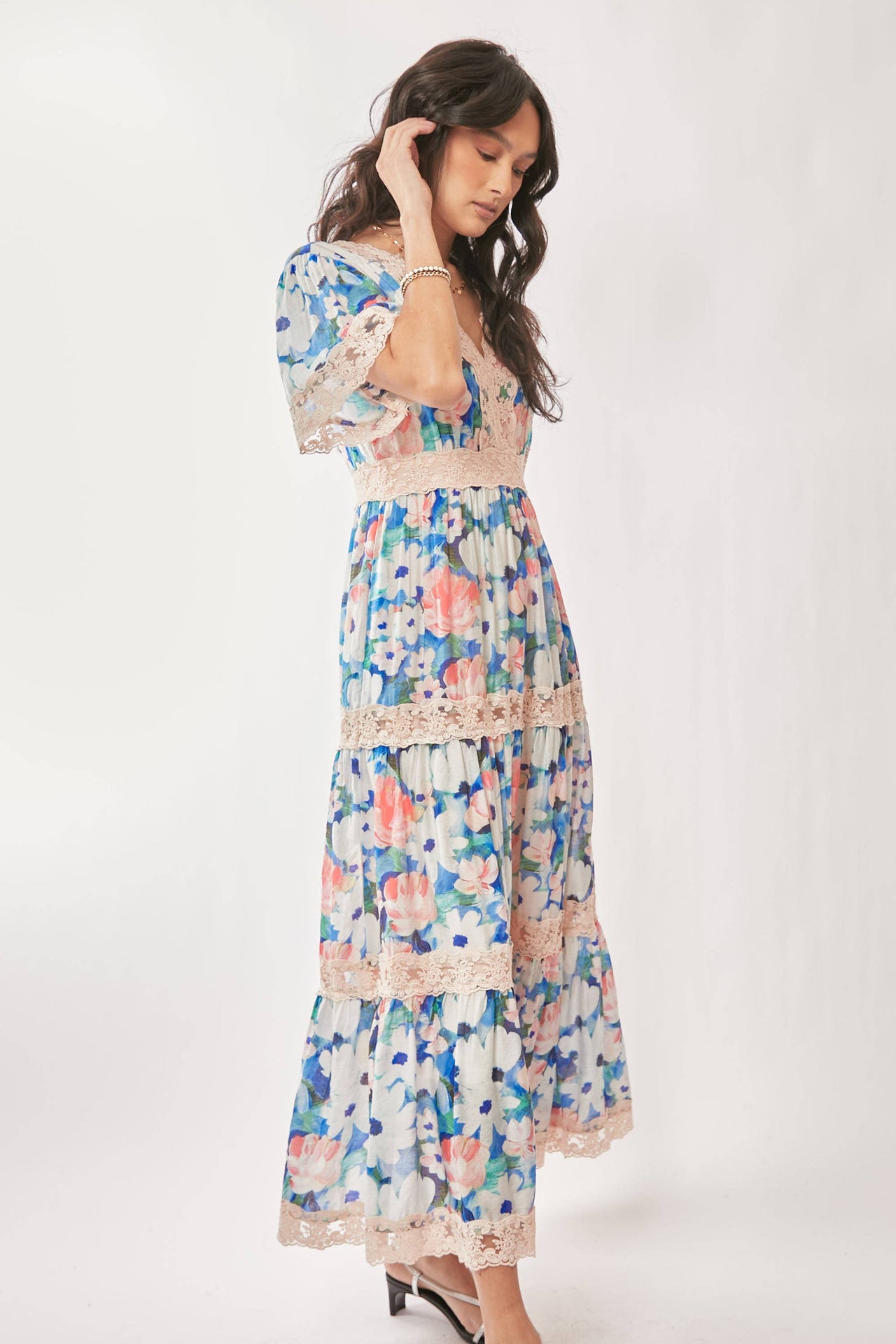 WATER PAINTING FLORAL ZIPPERED MAXI DRESS
