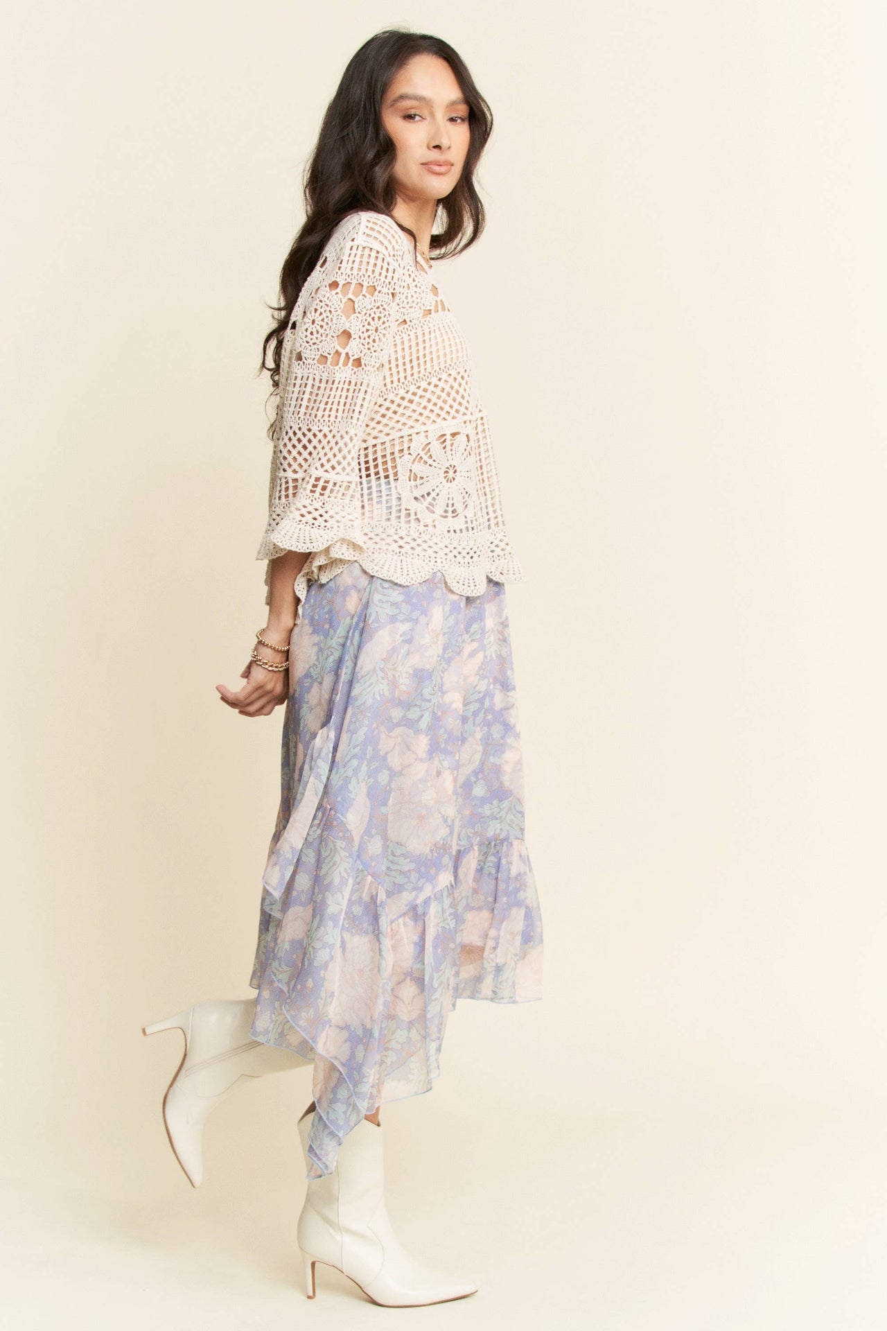 CROCHET LACE SOLID 3/4 SLEEVES TOP BLOUSE