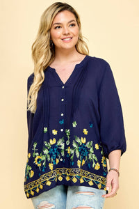 Thumbnail for PLUS SIZE 3/4 SLEEVE EMBROIDERED BLOUSE