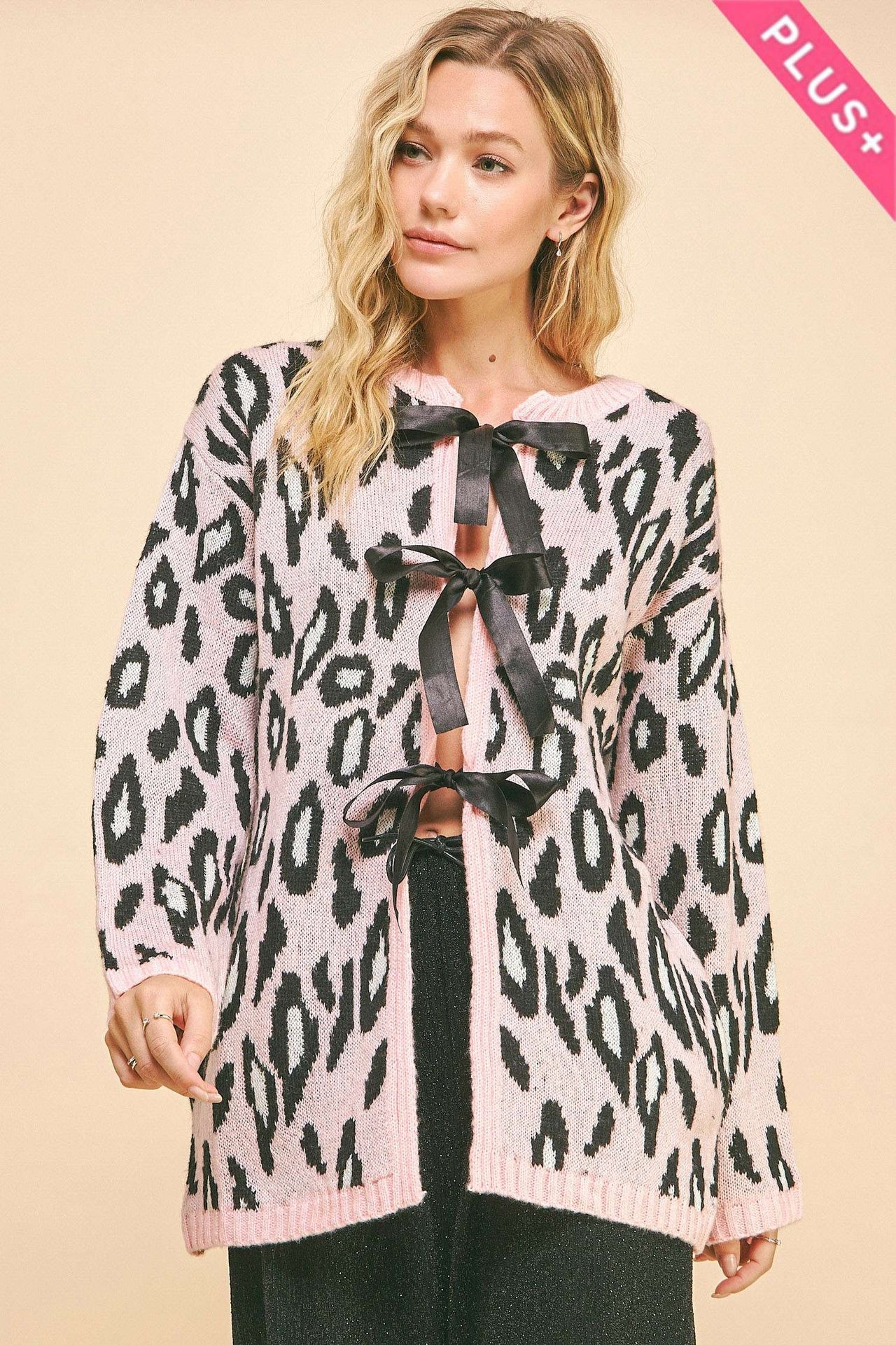 PLUS LEOPARD RIBBON TIE FRONT LOOSE FIT CARDIGAN