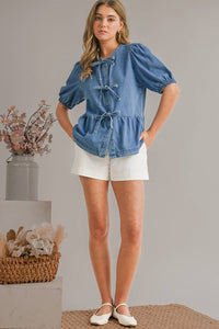 Thumbnail for Puff Sleeve Cute Tied Trim Denim Shirt