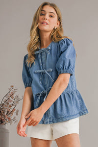 Thumbnail for Puff Sleeve Cute Tied Trim Denim Shirt