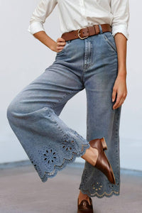 Thumbnail for Embroidered Cropped Wide Leg High Waist Jeans
