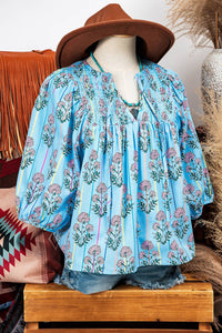 Thumbnail for Floral Stripe Print Shirred Yoke Split Neck Blouse