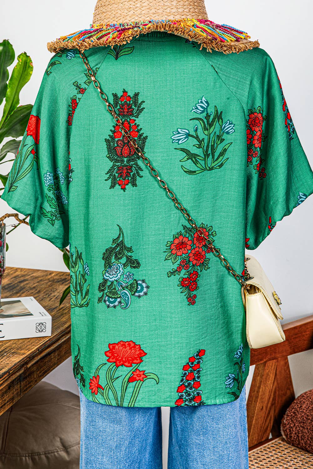Green Floral Buttoned V Neck Short Sleeve Blouse