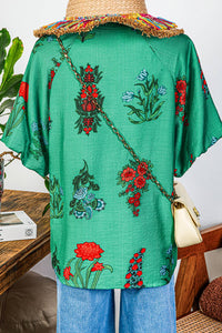 Thumbnail for Green Floral Buttoned V Neck Short Sleeve Blouse