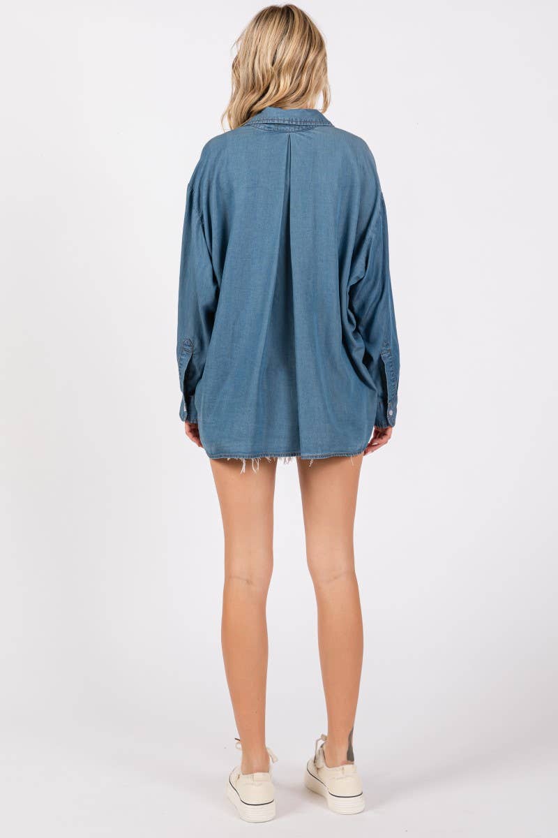 V-NECK LAPEL COLLAR SHIRT- Denim: DENIM