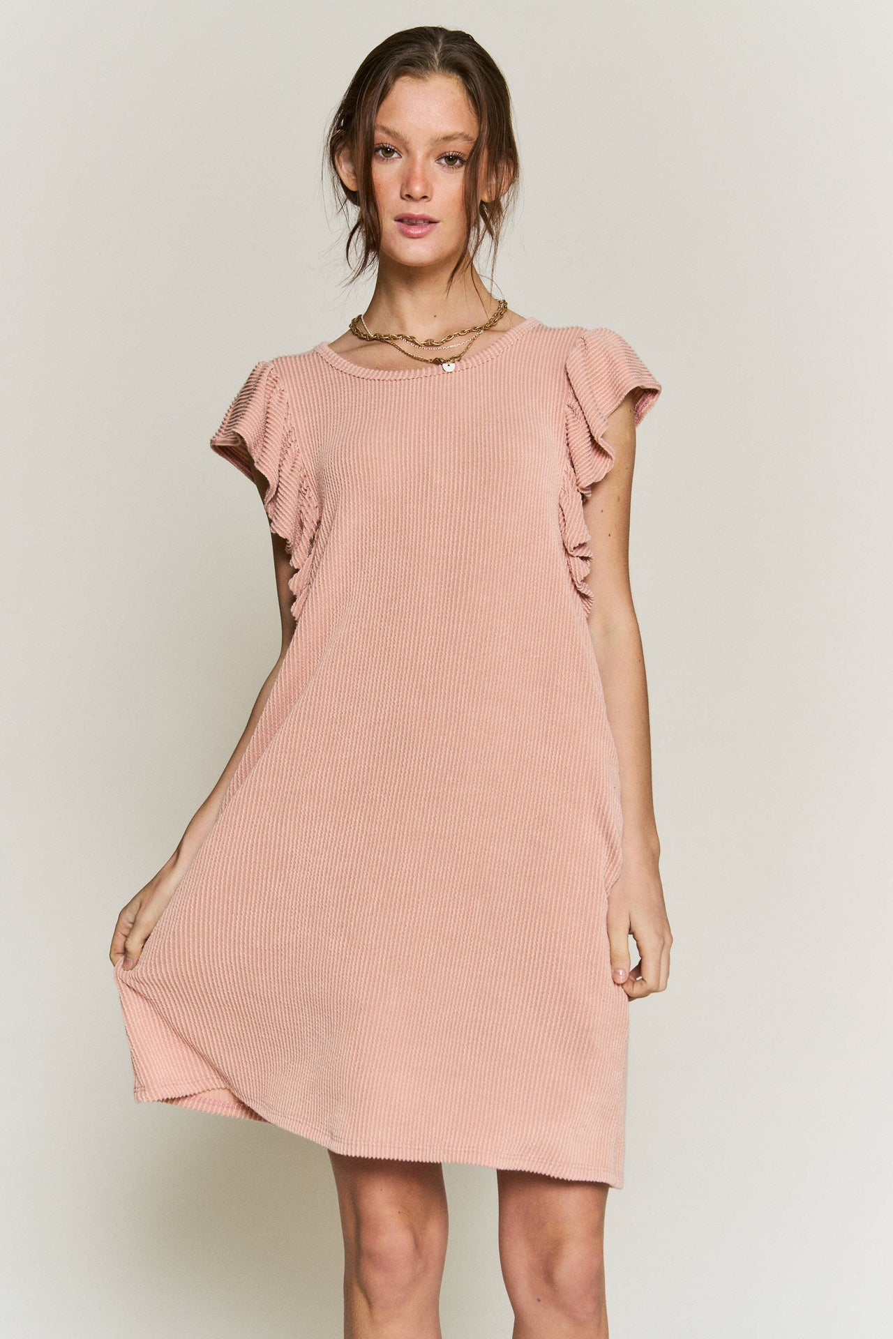 Solid ribbed ruffled short dress KRD4286
