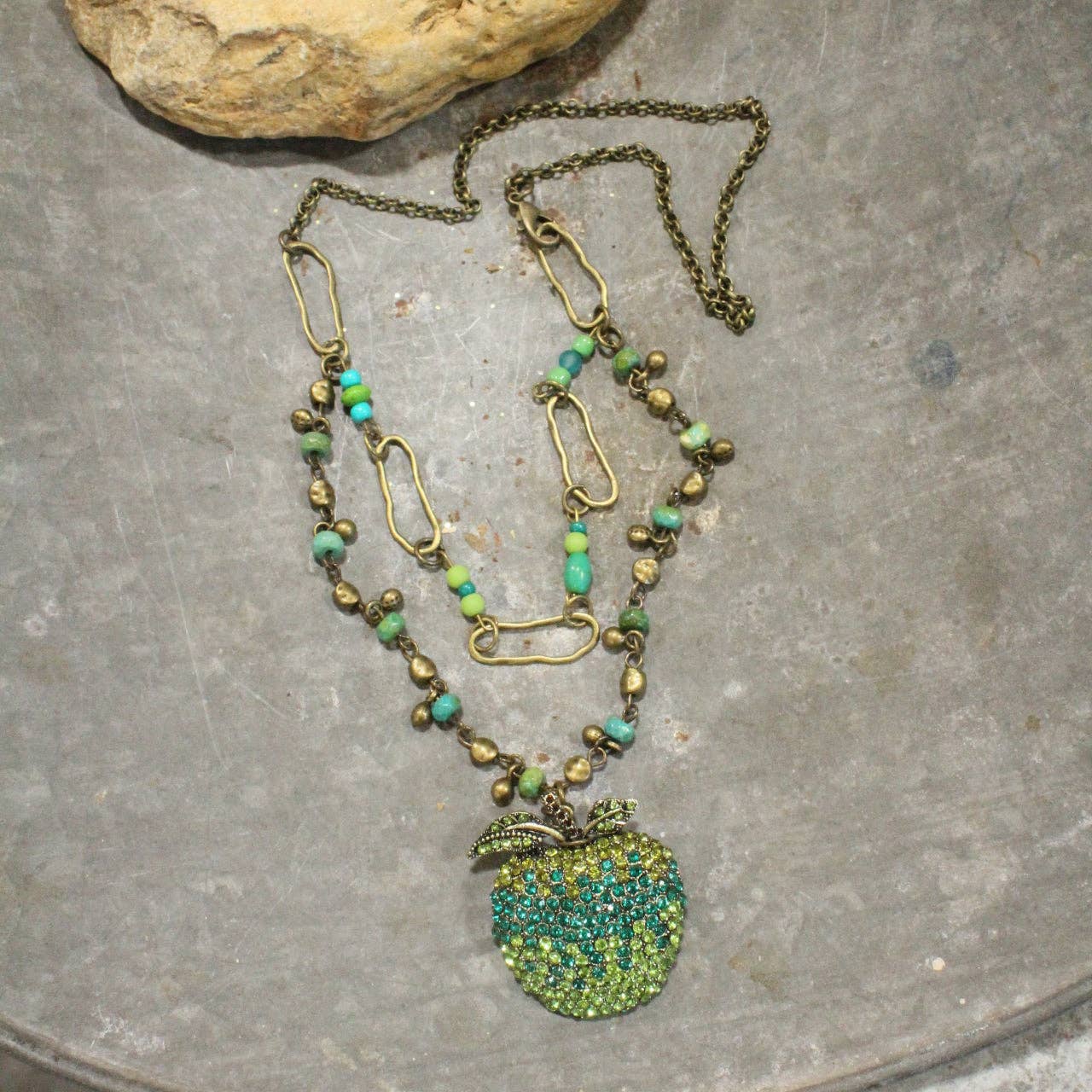 A Green Apple A Day Layered Rhinestone Necklace
