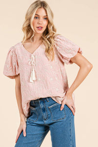 Thumbnail for Floral Embroidered V-Neck Blouse,