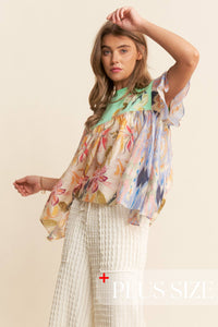 Thumbnail for Floral Print Flowy Boho Top Curvy 1X-3X