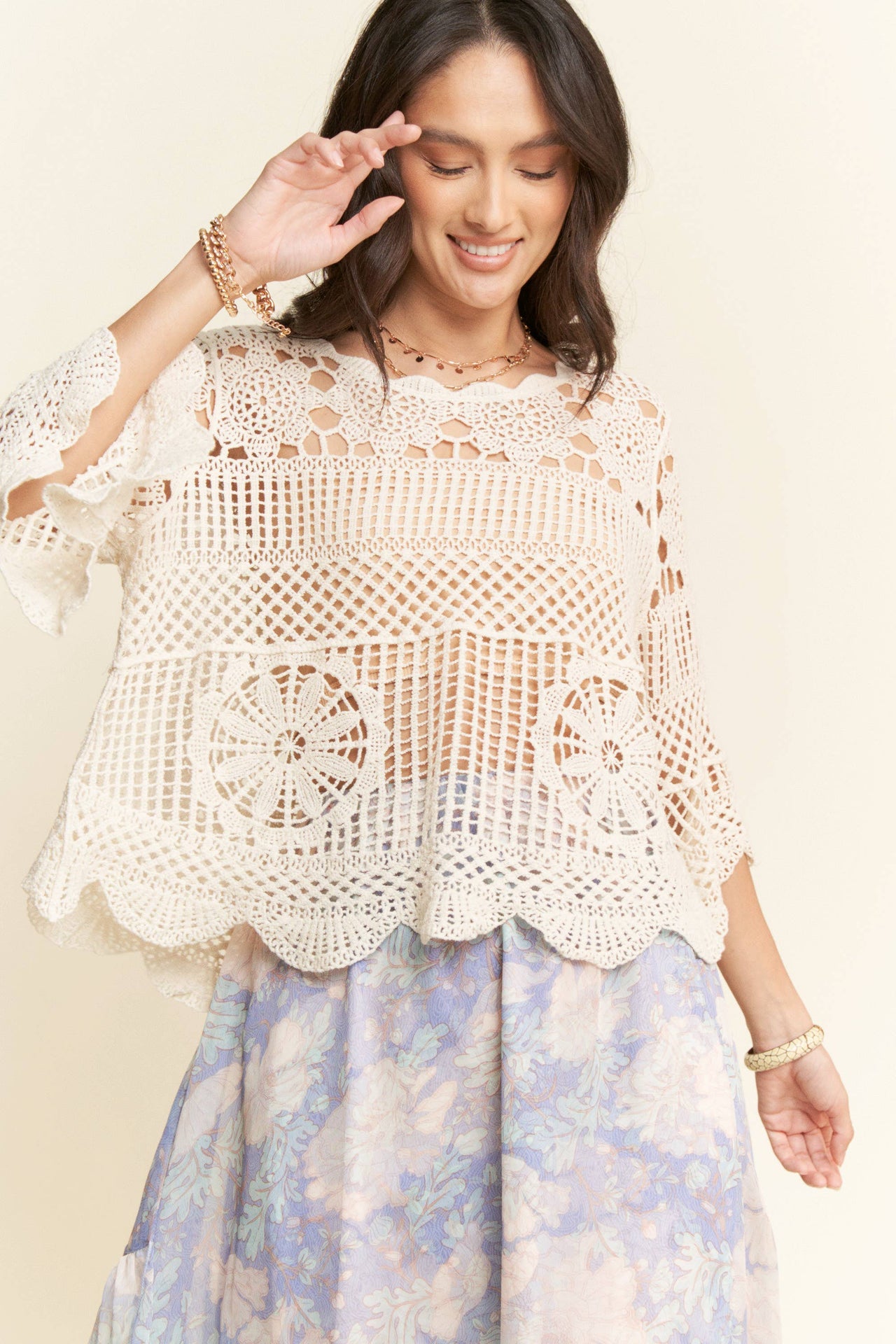 CROCHET LACE SOLID 3/4 SLEEVES TOP BLOUSE