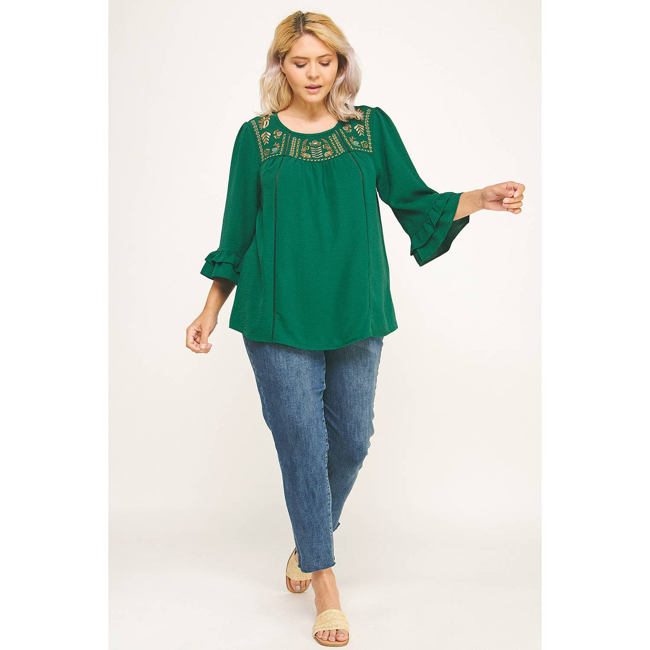 PLUS SIZE EMERALD RUFFLE BLOOM EMBROIDERED BLOUSE