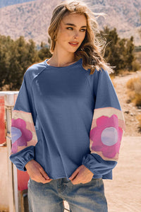 Thumbnail for Flower Patchwork Raglan Sleeve Exposed Seam Oversized Top