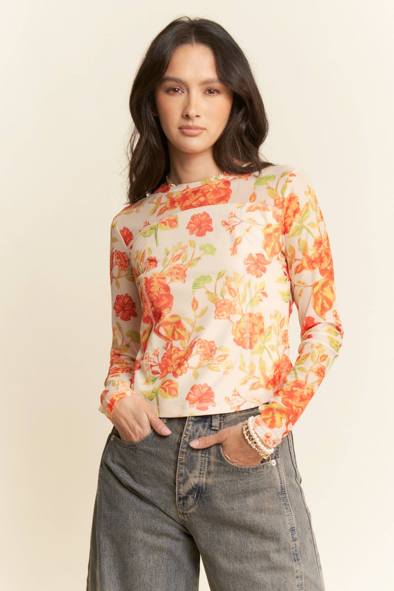 FLORAL PRINT MESH LONG SLEEVE LAYERING TOP