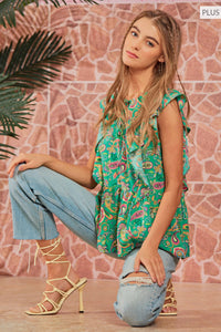 Thumbnail for PLUS SIZE Flutter Sleeve Blouse: EMERALD