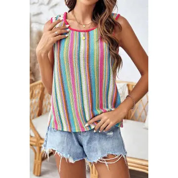 Rose Stripe Rainbow Eyelet Knit Button Tank Top