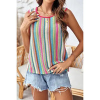 Thumbnail for Rose Stripe Rainbow Eyelet Knit Button Tank Top