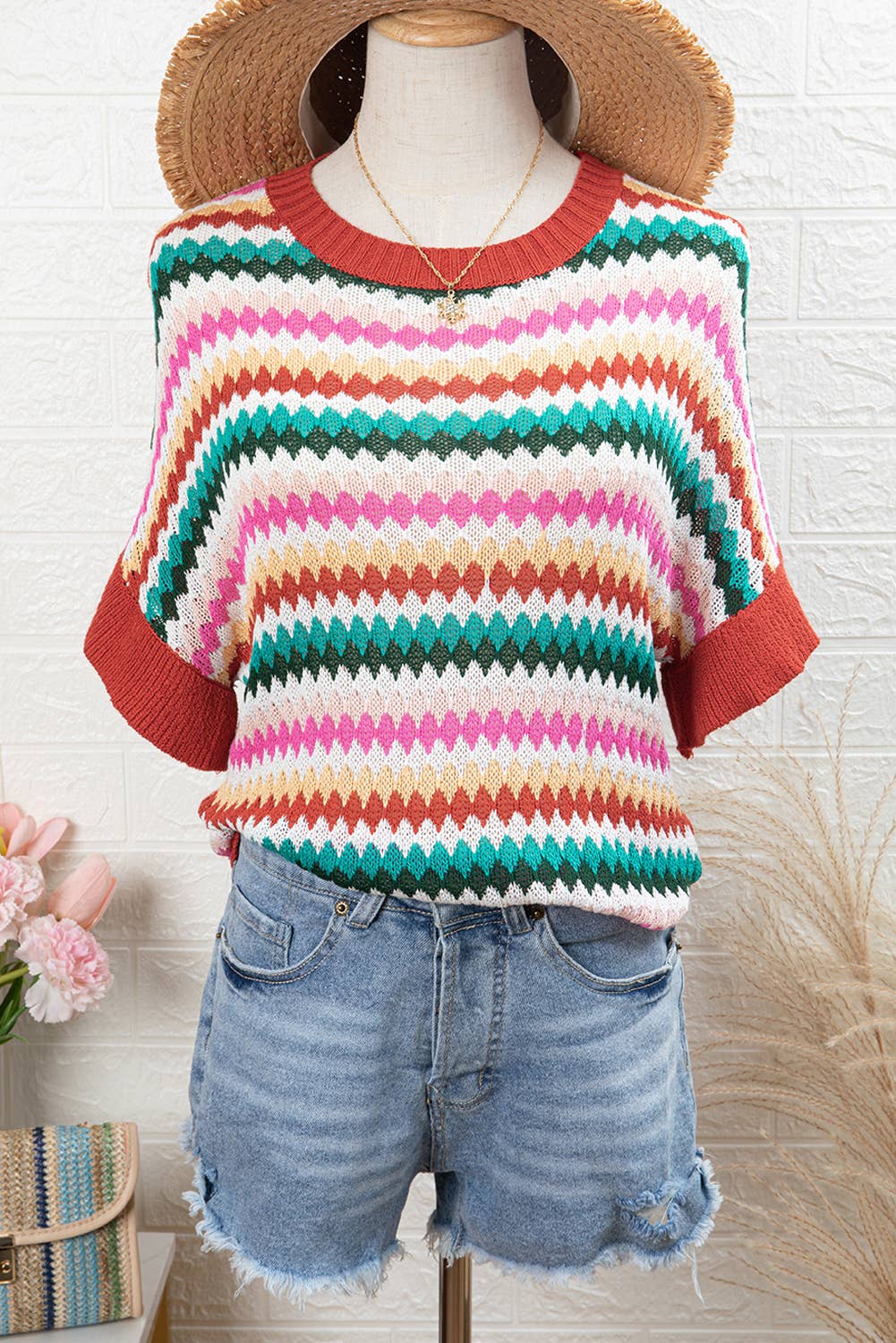 Trimmed Ruffle Sleeve Colorful Textured Sweater