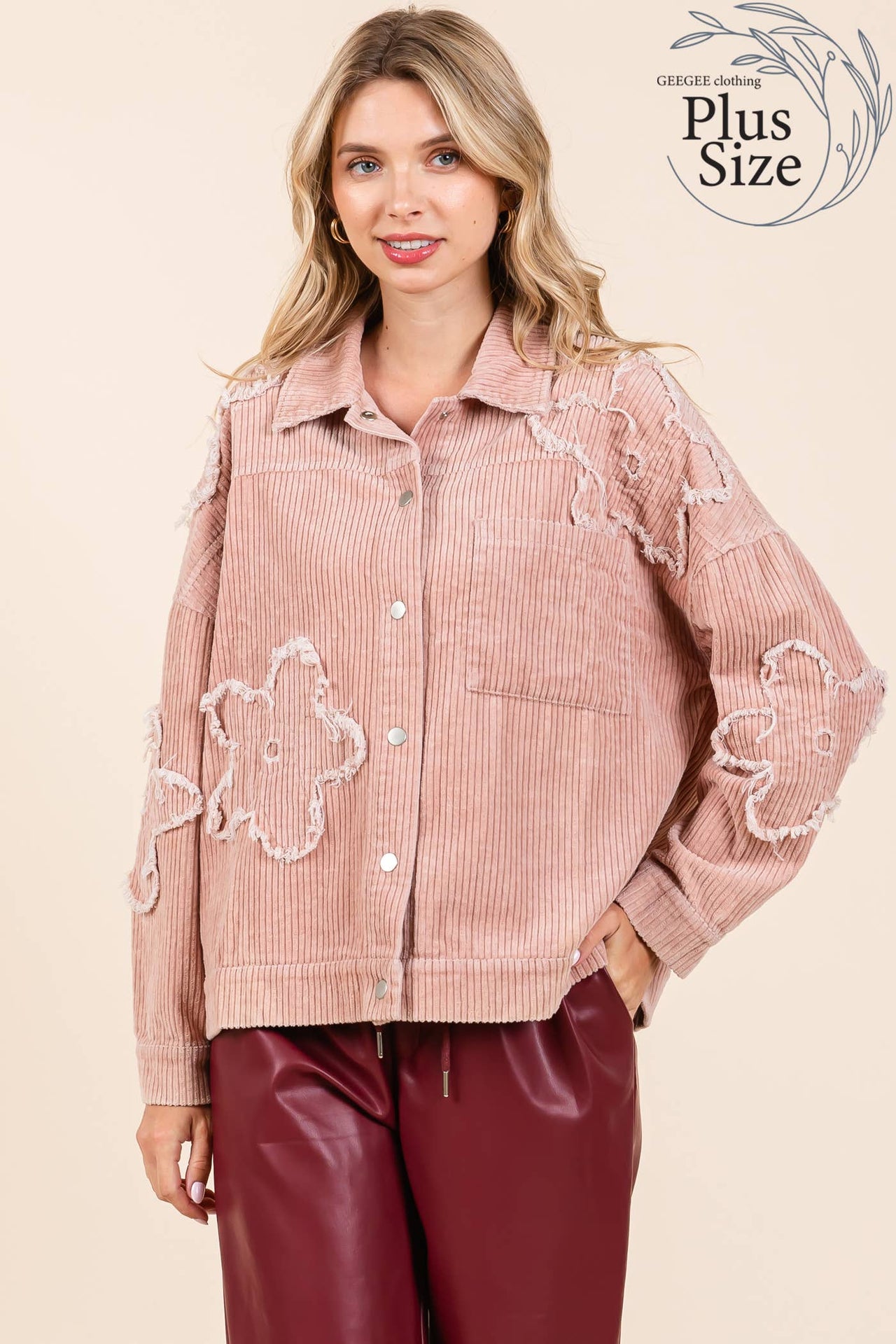 Plus Drop Shoulder Corduroy Shacket Pink Dust