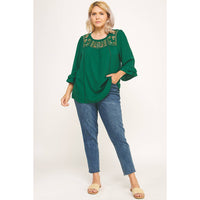 Thumbnail for PLUS SIZE EMERALD RUFFLE BLOOM EMBROIDERED BLOUSE