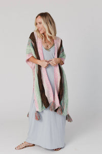 Thumbnail for Wandering Soul Striped Tassel Ruana - Mint: OS - Wrap