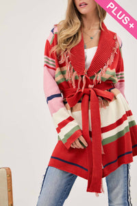 Thumbnail for PLUS FRINGE TRIM WAIST TIE BELT STRIPED CARDIGAN