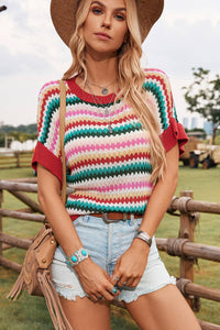 Thumbnail for Trimmed Ruffle Sleeve Colorful Textured Sweater