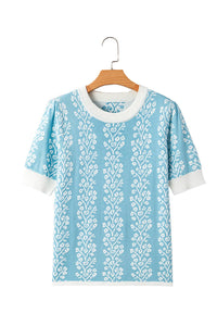 Thumbnail for Contrast Floral Crewneck Short Sleeve Sweater