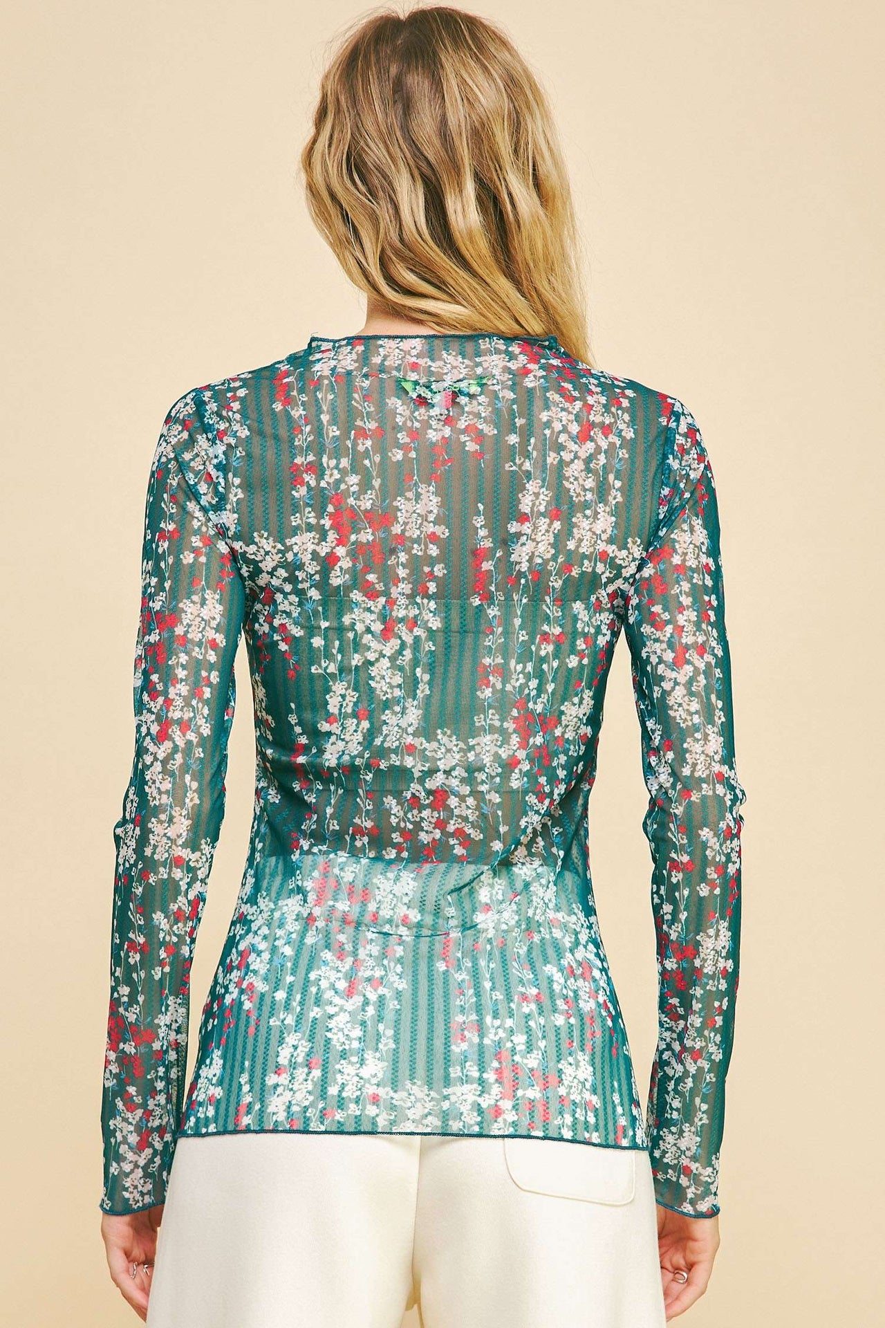 FLORAL PRINTED LAYERING LONG SLEEVES MESH TOPg