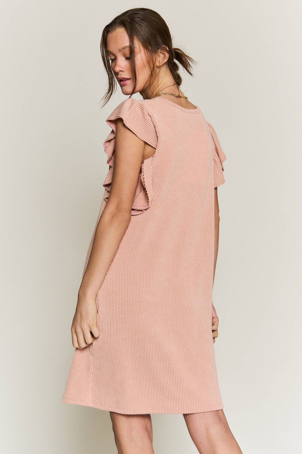 Solid ribbed ruffled short dress KRD4286